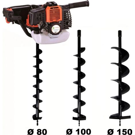 Gt Garden – Tarière thermique 52 cm3 – Moteur 2 temps 3 CV – Vitesse de forage ajustable – Lot de 3 mèches Ø 80/100/150 mm