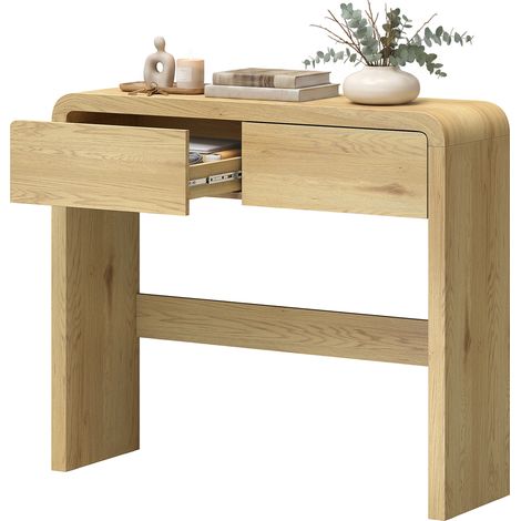 Table Console avec 2 Tiroirs, Console Meuble, 100 x 30 x 85 cm, Coins Arrondis et Plateau Épais, Bois Naturel (1/5)