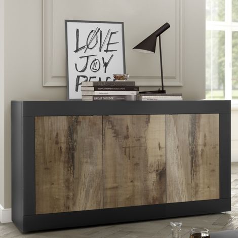 Buffet bas moderne 3 portes noir et bois 160cm CALIA (1/5)