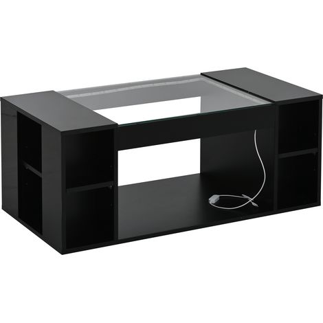 Couchtisch aus MDF in Schwarz mit Glasplatte 100 cm, LED per App steuerbar, USB-Anschluss