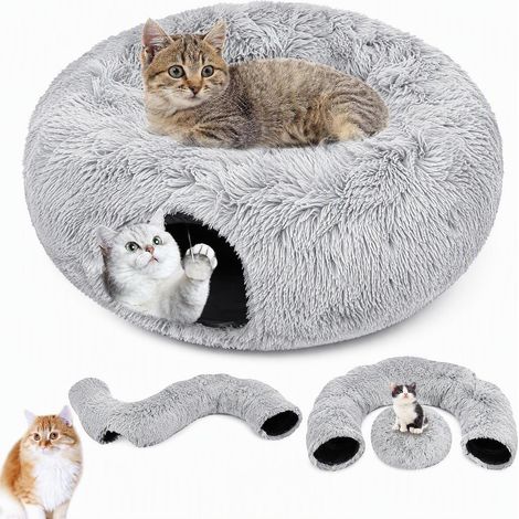 Tunnel Chat Pliable 2 en 1 avec Lit De Chat, Tunnel pour Chat D'IntéRieur avec Deux EntréEs Et des Balles Suspendues, Rond Tunnel Multifonctionnel pour Chats, Petits Lapins, Chiots Et Furets (1/5)