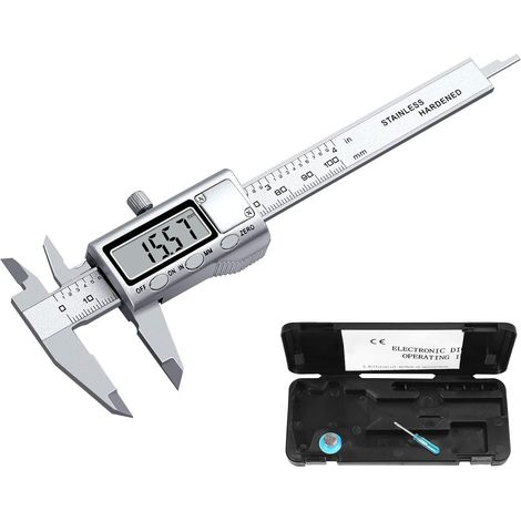 Calibrador digital vernier de acero inoxidable de 100 mm/4 pulgadas con pantalla LCD grande, ajuste de precisión, medición de diámetro, calibrador de profundidad, dos unidades, caja. (1/5)