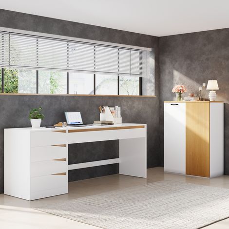 Ensemble Mobilier de Bureau 2 Pièces, Bureau 140x50cm et Armoire de Rangement, Meuble Télétravail Blanc et Chêne avec Portes Persiennes (1/5)