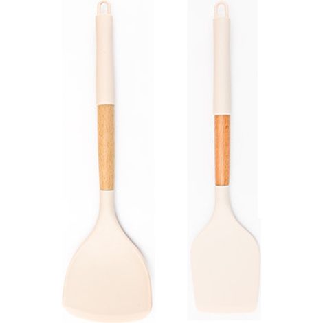 Ensemble de 2 ustensiles de cuisine ergonomiques anti-rayures avec manches en bois naturel, couleur crème, pour poêles antiadhésives. (1/5)