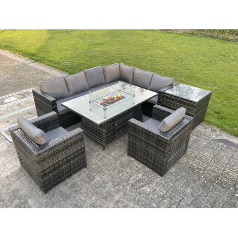 Fimous Outdoor Rattan Garden Corner Furniture Gas Fire Pit Dining Table Gas Heater Sets Lounge Chairs Side Table Dark Grey 8 Seater (1/5)
