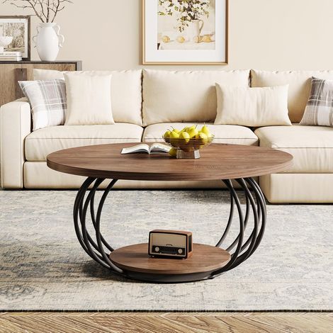 Tribesigns Runder Couchtisch mit Stauraum, 2-stöckiger Metallrahmen, 100 x 100 x 46 cm, Holzmaserung, moderner Wohnzimmer-Mitteltisch (1/5)