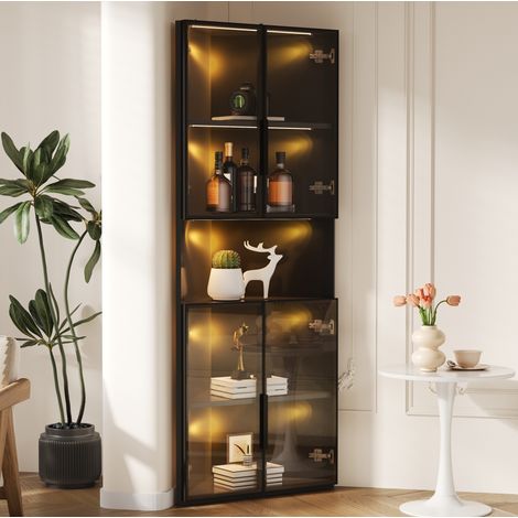 Vitrina de esquina triangular 62 x 32 x 160 cm con LED, frontal de vidrio, negro OKMYHOME (1/5)