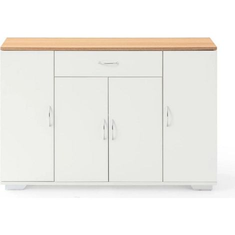 Weiße Kommode mit 1 Schublade & 4 Türen, Sideboard mit Holzdekor, 110x70x30cm (1/5)