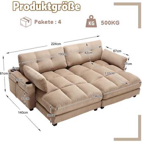 Canapé 2 places en velours côtelé kaki, séparable en 2 fauteuils individuels, avec 2 coussins, 4 porte-gobelets, 4 poches latérales, ports de chargement USB sur les accoudoirs, pour salon, chambre et  (1/4)