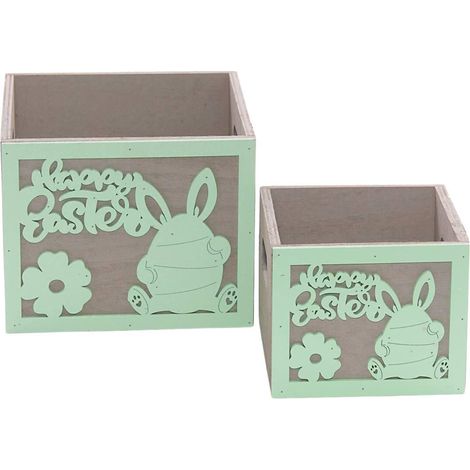 Portavaso verde in legno "Happy Easter" in set di 2, 15X15H12 cm (kit da 3) (1/2)