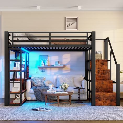 Lit Mezzanine-fer structure LED-échelle intégrée-garderobe-rangement ouvert-254x145,5x160cm-Sans Matelas (1/5)