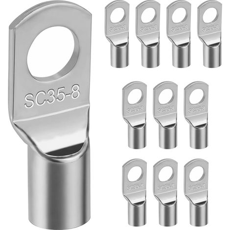 Lot de 10 cosses de câble de batterie M8 en cuivre étamé - 35 mm² - Connecteurs tubulaires robustes - Œillets à sertir pour audio de voiture - onduleur solaire - Argenté (1/5)