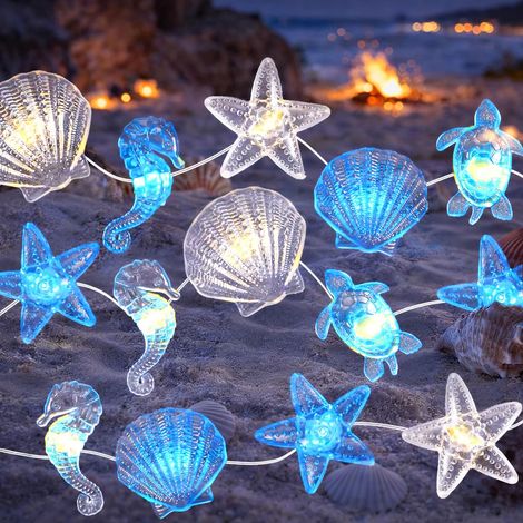 Guirlande lumineuse d'animaux marins - 2 m - 20 LED - À piles - Décoration de coquillages - Hippocampe de mer, étoile de mer, tortue, coquillages - Guirlande lumineuse pour jardin, fleurs (1/5)