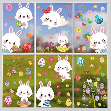 Décorations de Pâques pour fenêtres (9 feuilles) : lapin, œufs, poussins, carottes, papillons. Autocollants pour fenêtres. (1/5)