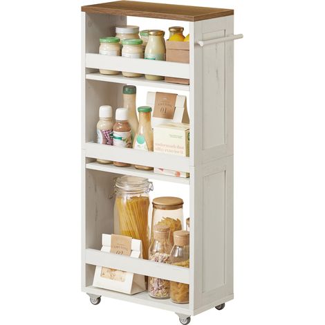 Chariot de Rangement Fin à 4 Niveaux, Étagère de Cuisine avec roulettes, Poignée, Petit Espace, 20 x 43,2 x 86,5 cm, Salle de Bain, Buanderie, Blanc Crème Rustique et Marron Miel LRC051K01 (1/5)