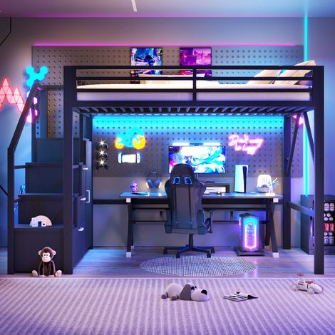 Lit superposé surélevé en acier 140x200, avec étagères de stockage et armoire-penderie intégrées, bandeau lumineux LED, teinte noire. (1/5)