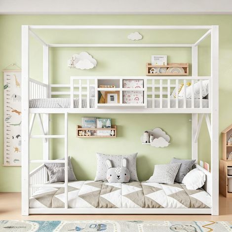 Metall-Etagenbett 90 x 200 cm für Kinder und Jugendliche, platzsparendes Einzelbettgestell mit Dachkonstruktion, Modernes Kinderetagenbett Weiß (1/5)