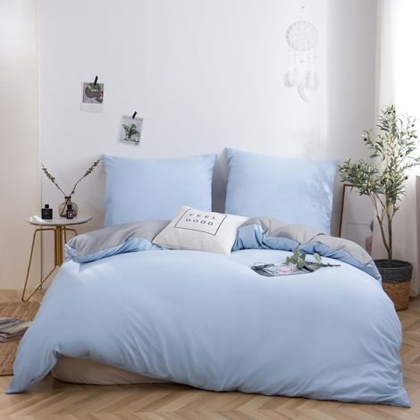 Parure de lit en microfibre brossée 1 housse de couette 200 x 200 cm + 2 taies d'oreiller 80 x 80 cm avec fermeture éclair Gris clair/bleu spa (1/5)