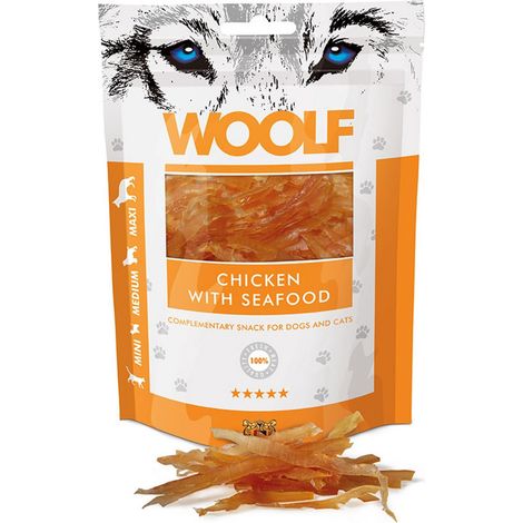 Friandises naturelles pour chiens Woolf, saveur poulet et fruits de mer, 100 g (1/2)
