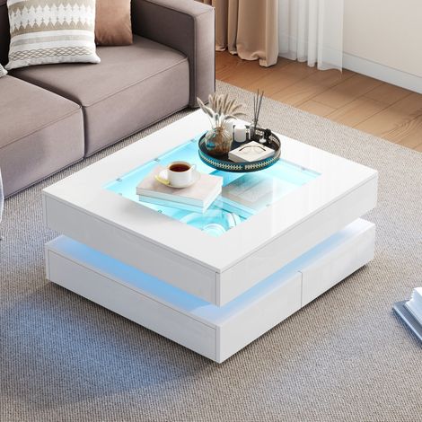 Table basse 70x70x35 cm - Avec éclairage LED - 3 tiroirs - Plateau en verre - Finition laquée brillante - Blanc (1/5)