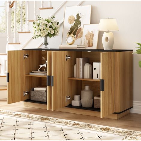 Aparador natural 139x40x75 cm de tablero de partículas, 4 puertas, fachada ranurada y tiradores de aluminio (1/5)
