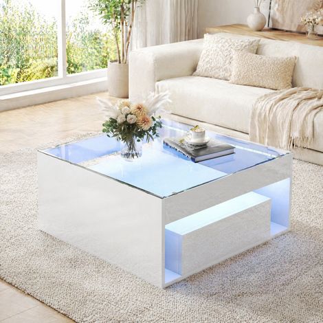 Couchtisch 70 x 70 x 35 cm mit 2 Schubladen, LED, ESG-Glas, weiß OKMYHOME (1/5)