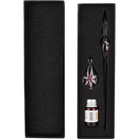Stylo Plume Signature Élégant en Verre Cristal avec Fleur et Support Encre Rose (1/5)