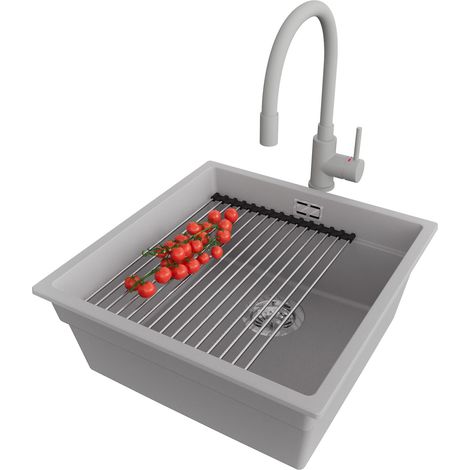 PRIMAGRAN Evier Cuisine en Granit 46x47cm, Lavabo 1 bac + Robinet 38x14cm + Kit de Vidage + Accessoire, Évier à Encastrer au meuble 50cm - Prague Slim, Gris (1/5)