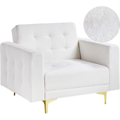 Sillón moderno reclinable cama de día tela con capitoné patas doradas bouclé blanco Aberdeen (1/5)