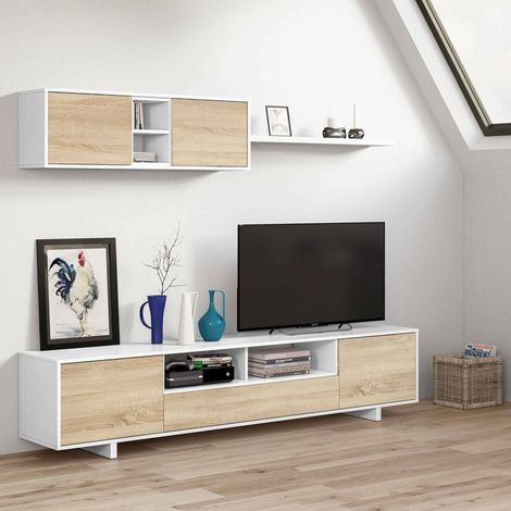 Dmora - Pared equipada Dfantin, Mueble de tv para salón, Composición del juego de sala, Juego de salón con mueble alto, 260x41h46 cm, Blanco brillo y roble (1/5)