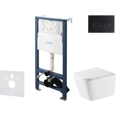 kielle Genesis New - Conjunto de instalación empotrada, inodoro Arkas I, Vortex Rimless+, asiento softclose y pulsador Gemini New II, negro mate 30528SS78