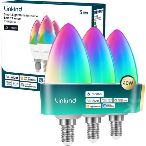 Linkind Ampoule Connecté Wifi, LED E14 Matter RGBTW, B38 Bougie, 1800K–6500K, 16M de Couleurs, Dimmable, Sync Musicale, CRI 90, Compatible Apple Home/Alexa/SmartThings/AiDot, 470 lm, 4,8W, Lot de 3 (1/5)