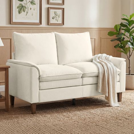 146 cm Zweisitzer Sofa, Chenille-Sofa mit doppellagiger Polsterung, Federkissen, tiefem Sitz, hoher Rückenlehne, Creme