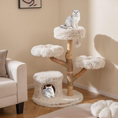 Confort et Jeu Arbre à Chat en Bois Massif 102cm avec Niche Griffoir en Jute et Balle pour Chat (1/5)