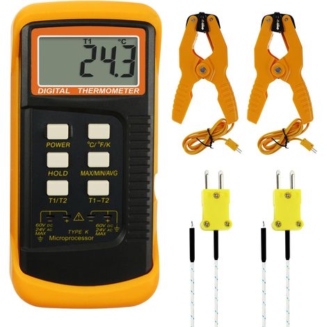 Thermomètre à thermocouple de type K (-501300°C), thermomètre numérique à deux canaux avec 2 pinces de température et 2 sondes de thermocouple câblées, testeur de température de haute précision (1/5)