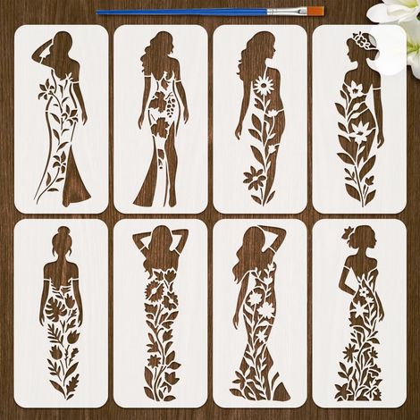 8 Styles Fleurs Figures Pochoirs Avec Un Pinceau 30x15cm Plante Femme Peinture Pochoirs Dame Dessin Pochoir Pet Thèmes Humains Modèle pour Peinture sur Bois Mur Carrelage (1/5)