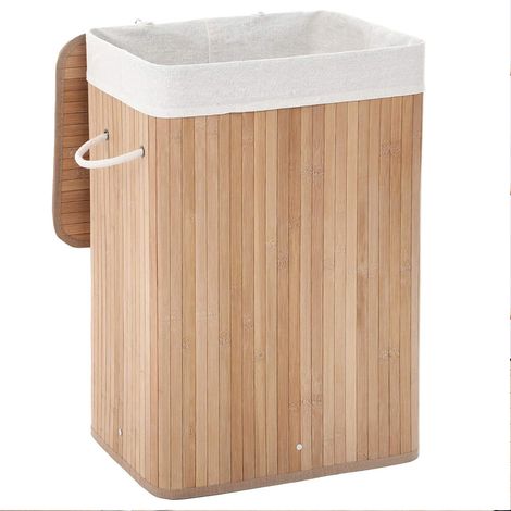 Wäschekorb 100 L, 2 Fächer, Bambusdeckel, Griff, faltbar, mit abnehmbarer und maschinenwaschbarer Tasche, geeignet für Waschküche, Schlafzimmer, Holzfarbe