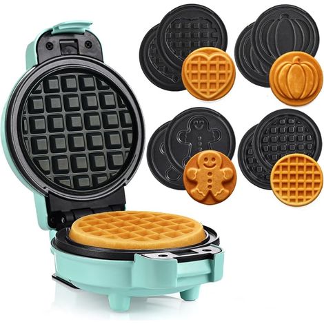 Mini Gaufrier avec Plaques Interchangeables, 4 Rond Formes : Cœur, Classique, Citrouille, Pain d’Épices, Revêtement Antiadhésif sans BPA, Petit Appareil à Gaufres pour Fêtes, Menthe (1/5)
