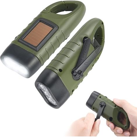 Lampe torche dynamo, lot de 2, lampe torche LED avec dynamo, 3 LED, alimentation solaire, étanche, remontage manuel, éclairage de secours, mousqueton, pochette LED (1/5)