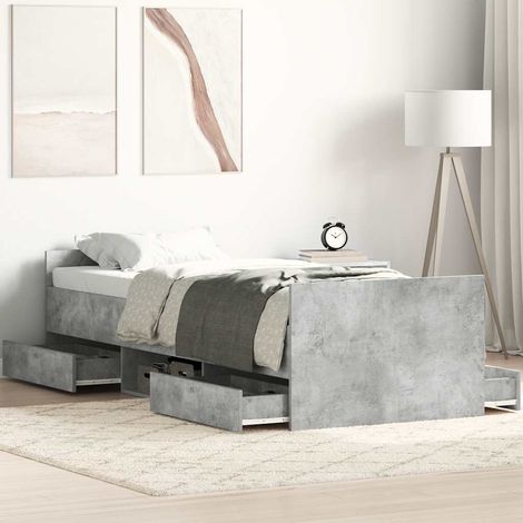Cadre de lit avec rangement, 4 tiroirs et étagères, gris béton, 100 x 200 cm, sans matelas - PANGIVO (1/5)