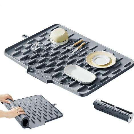 Silicone Draining Mat with Drain Outlet - 40 x 30 cm Draining Mat for Kitchen Dishes, Sink Drainer, Foldable for Easy Storage, Inclined Design, BPA-Free, Non-Skid Heat (Grey) (1/5)