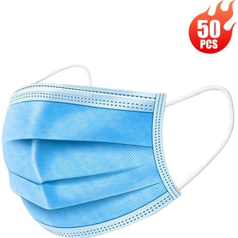 Lot de 50 masques jetables avec élastiques boucles d'oreille stériles anti-pollution poussière 3 plis protection respiratoire visage contre pollens chatons particules