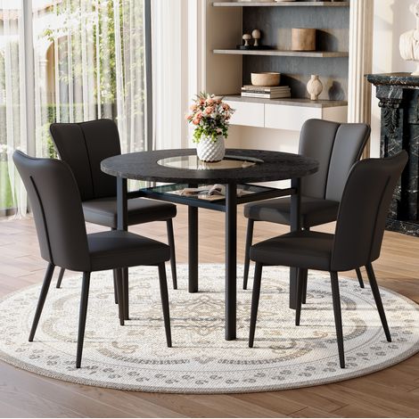 Set tavolo rotondo 100 cm con 4 sedie in PU nero, piano MDF effetto legno nero, OKWISH (1/5)