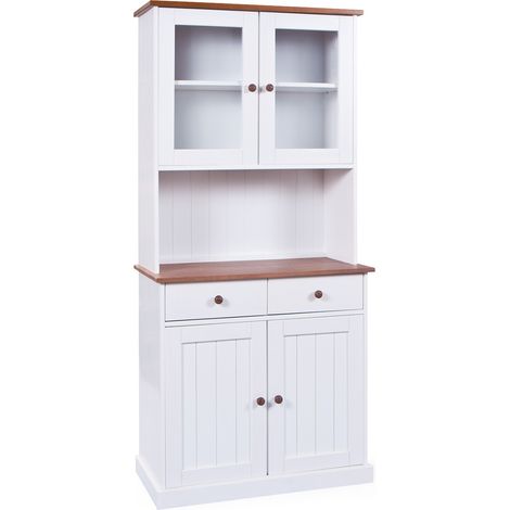 Altobuy – Buffet vaisselier 4 portes 2 tiroirs en bois massif vernis sépia et blanc – Dimensions 90 x 45 x H191 cm – Style campagnard avec rangements vitrées (1/5)