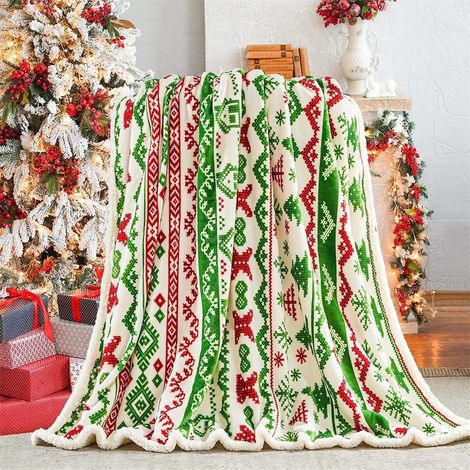 Plaid De Noël - Flanelle En Polyester - 70 X 100 Cm - Vert Rouge - Pour Canapé Lit Ou Décoration Intérieure - 1 Pièce (1/5)
