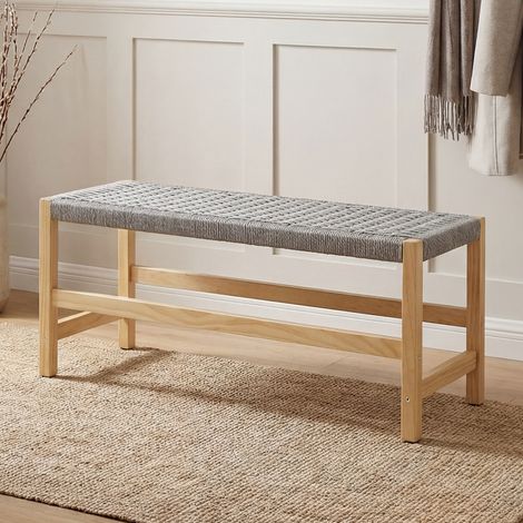 Wahson Banc Bout de Lit en Bois avec Tissage en Corde Naturelle, Banc Entrée Vintage Banquette de Chambre/Cuisine, 32 x 90 x 42 cm, Gris
