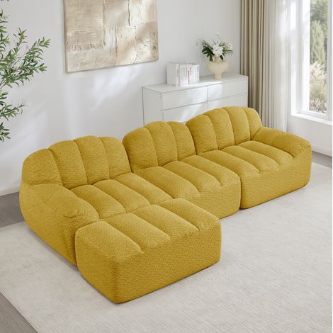 Canapé de ángulo modular de tejido polar granulado amarillo con otomana, sin estructura rígida (1/5)