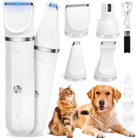 Professional, cordless 4-in-1 pet hair trimmer for dogs and cats, quiet operation, with 4 multifunctional cutting heads, USB-C charging function, for paws, eyes, ears and face of cats and dogs. (1/5)