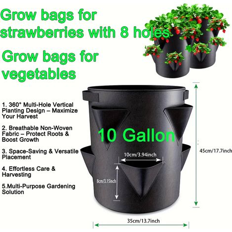 (Tissu noir 8 trous, 4 pièces) Sacs de culture suspendus pour fraises et tomates - Jardin vertical - Pot de culture pour fraisiers - Tour aéroponique (1/4)