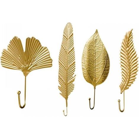 4 ganci da parete vintage in metallo, appendiabiti senza foratura, ganci dorati a forma di foglia, ganci rustici per chiavi, asciugamani e decorazioni (1/5)